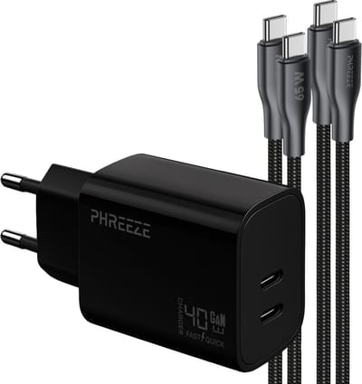 Phreeze usb C oplader 40 W - Power Delivery Dual port GaN oplader met 2 usb C kabels 1 meter - Snellader voor telefoon, laptop en powerbank