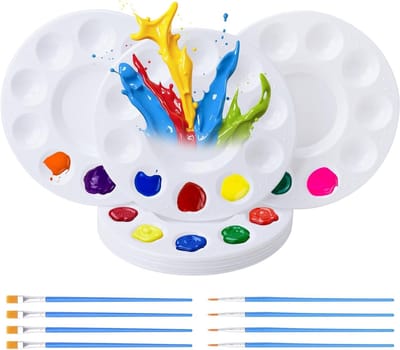Set van 8 Mengpaletten van Plastic, Ronde Paletten van 15,7 cm voor Schilderen, Waterverf en Acrylverf met Acht Penseelsets voor Kunst en Ambachten