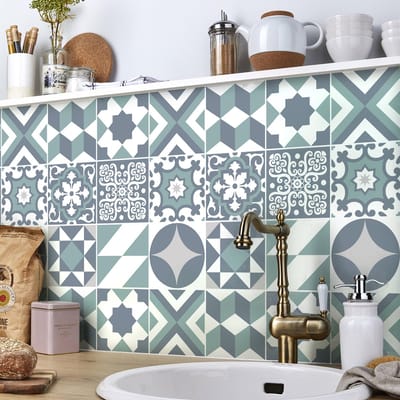 Zelfklevende tegelmuurstickers voor keuken en badkamer - 9 cementtegelstickers (Azulejos Aluzzo) - 9 stickers, 15x15cm