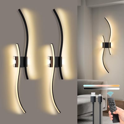 Rosnek Draadloze Wandlamp Oplaadbaar – Instelbare Kleurtemperatuur & Helderheid, Afstandsbediening met USB-C - 15-55 uur Werking – Moderne LED Muurlamp met Dubbele Zijverlichting, Timer en Touch Bediening – Zwart Aluminium Design -2-pak (Bol)