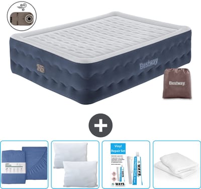 Bestway luchtbed - 2-Persoons - 152 x 203 x 51 cm - Blauw - Inclusief pomp - Hoeslaken - Kussen - Kussenbeschermer en Reparatieset
