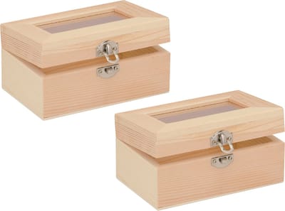 Glorex hobby kistje met sluiting en glazen deksel - 2x - hout - 12 x 8 x 6 cm - Sieraden/spulletjes/sleutels - Opberg kistjes