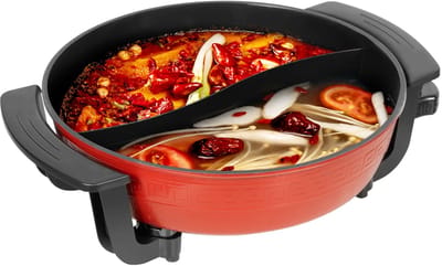 Hutjemutje - hotpot - fonduepan - chinese fonduepan - multifunctionele koekenpan - 6L - 2 compartimenten - 5 standen - 38,3 x 11 cm - rood