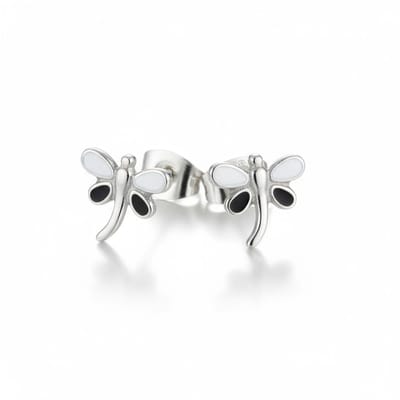 Aramat Jewels | Oorbellen | Stalen Emaille oorbellen Libelle | Zilverkleur / Zwart en Wit | |8mm | Staal | Kinderen, Volwassenen | Verkleurd niet