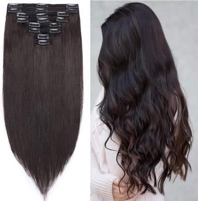 Clip-in Extensions van Echthaar voor Dikkere en Langere Haarlooks - Hittebestendig en Glad - Naturschwarz #1B, 14"(35cm) - 120g