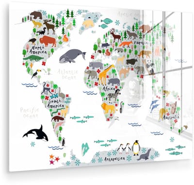 ® Glasschilderij 120x90 cm - Schilderij acrylglas - Wereldkaart - Kinderen - Dieren - Planten - Foto op glas - Muurdecoratie woonkamer - Wanddecoratie slaapkamer - Schilderijen
