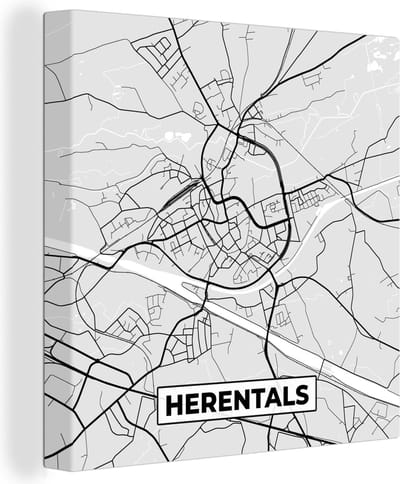 Canvas Schilderij België – Herentals – Stadskaart – Kaart – Zwart Wit – Plattegrond - 20x20 cm - Wanddecoratie