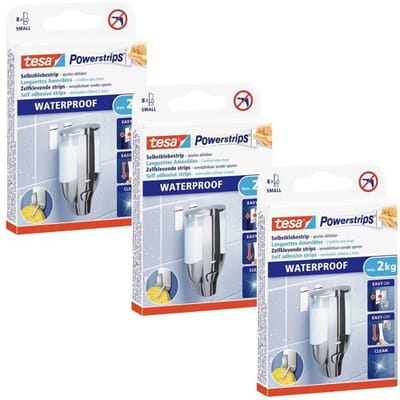 tesa Powerstrips® Waterproof Strips LARGE in set van 3, waterbestendige, dubbelzijdige kleefband voor keuken badkamer, tot 2 kg houdkracht - 3 x 8 strips Wit