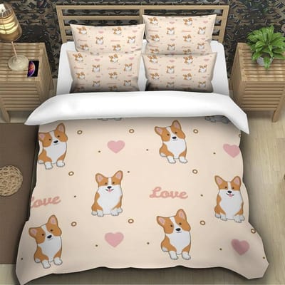 Cartoon Hond Leuke Corgi Hond Print Dekbedovertrek Sets, Polyester 3D Digitale Print Beddengoed Set King Size Print Kindercadeau 240x260cm-3pcs