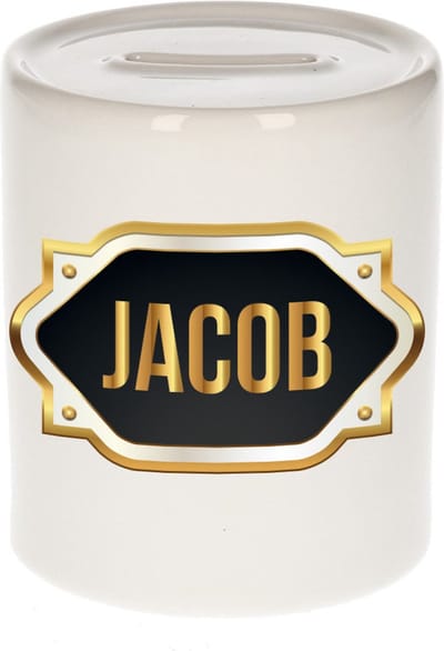 Spaarpot met voornaam Jacob - wit - met goud/zwart embleem - 8 x 9 cm - keramiek - met afsluitdop - cadeau verjaardag