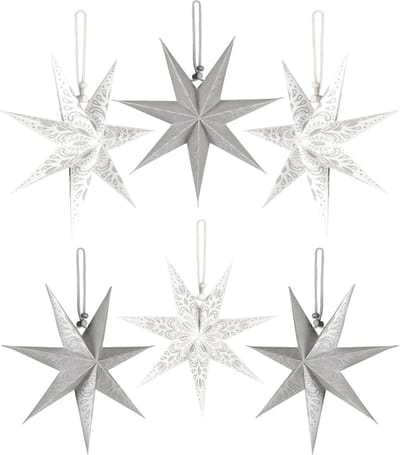BRUBAKER 6 Papieren Kerststerren - Advent Sterren Decoratieset - Grote Boom Decoratie Papieren Sterren - Kerstboom Decoratie - Kerstboom en Raamdecoratie - 20 cm Vouwbare Sterren - Zilver Wit