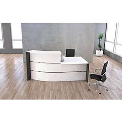 Kleine gebogen receptiebalie met Faro consultatiebalie, met legplank en zijpanelen, B 2310 x D 1200 x H 1120 mm, wit/antraciet