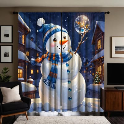 2 pièces Rideau décoratif bonhomme de neige HD nuit de neige chaude blanc à nouer rideau imprimé numérique décoration de style décoration de maison liv W52H63inchW132H160cm gray