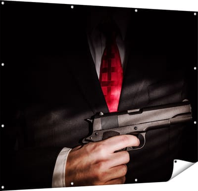 Gards Tuinposter Man van de Maffia met een Pistool Vast - 150x120 cm - Tuindoek - Tuindecoratie - Wanddecoratie buiten - Tuinschilderij