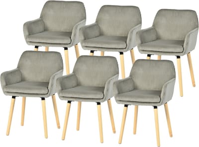 Meubles Cosy Eetkamerstoel - Set Van 6 Fluweel Ribstof Houten Poten Scandinavisch Design - Lichtgrijs