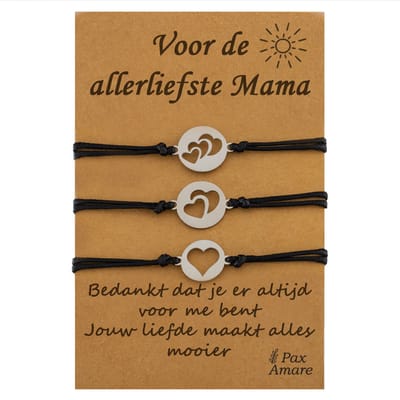 Moeder Kind Armbandjes voor 3 "Voor de Allerliefste Mama" - Verschillende Hartjes - Vriendschapsarmbandjes met Persoonlijk Cadeau Kaartje - Zilverkleurig - Elastisch Verstelbaar - Pax Amare