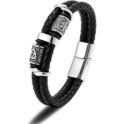 Punk Viking Roestvrij Staal Kompas Noorse Runen Amulet Kralen Gevlochten Meerlaags Leren Armband Mannen Armbanden 21cm black