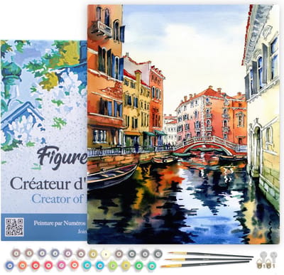 Figured'Art Schilderen op Nummer Volwassenen met lijst - Venetië aquarel - Handwerk acrylverf Kit DIY Compleet - 40x50cm Canvas al ingelijst