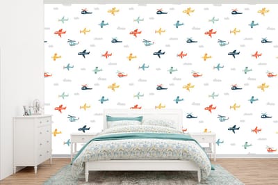 Behang - Fotobehang Patronen - Helicopter - Vliegtuig - Jongens - Kinderen - Kids - Breedte 345 cm x hoogte 220 cm