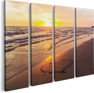 Artaza Canvas Schilderij Vierluik Zonsondergang Op Het Strand Met Een Hartje - 80x60 - Foto Op Canvas - Canvas Print