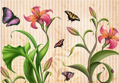 Fotobehangkoning - Behang - Vliesbehang - Fotobehang - Vintage Lente - spring - Bloemen - Vlinders - 400 x 280 cm