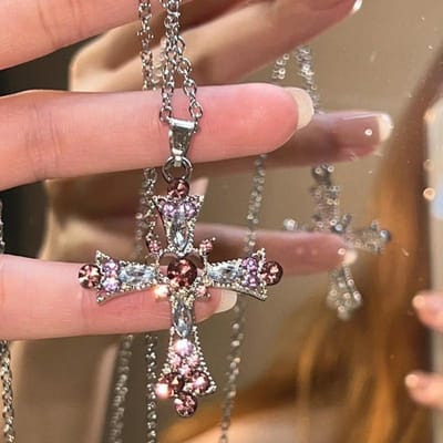 Y2K Zircon Cross Necklace Roze Paars Liefde Hart Kruis Hanger Kettingen voor Vrouwen Gotische Sieraden Feest Meisjes Accessoires 2023