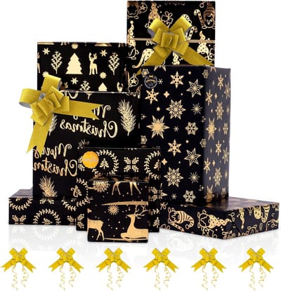Cadeaupapier voor Kerstmis in zwart en goud, 6 vellen metallic geschenkverpakking met cadeaustrik en stickers, ideaal voor inpakken van geschenken voor Nieuwjaar en verjaardagen, 70 x 50 cm
