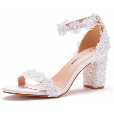 7cm Dikke Hak Lage Opening Enkele Band Kralen Vierkante Hak Sandalen Witte Kant Bruids Bruiloft Schoenen Dikke Hak Sandalen 36 white