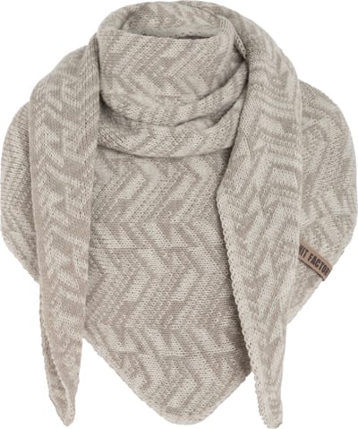 Knit Factory Josh Gebreide Omslagdoek - Driehoek Sjaal Dames - Dames sjaal - Wintersjaal - Stola - Wollen sjaal - Beige & grijze sjaal met abstract motief - Beige/Iced Clay - 200x70 cm