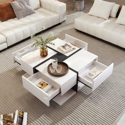 MODENUIT Salontafel - Hoogglans Met 4 Laden En Onderplank - Woonkamer - Spaanplaat Wit/Zwart - 78x78x36 cm