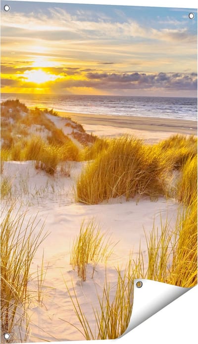Gards Tuinposter Strand en Duinen tijdens Zonsondergang - 60x90 cm - Tuindoek - Tuindecoratie - Wanddecoratie buiten - Tuinschilderij