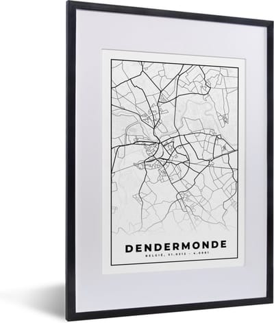 Fotolijst incl. Poster Zwart Wit- Stadskaart – Zwart Wit - Kaart – Dendermonde – België – Plattegrond - 30x40 cm - Posterlijst