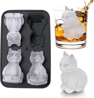 Katten Ijsblokjesvorm Siliconen – Met Trechter, 4 Katvormige Ijsblokjes - Zwart - Leuk Voor Whiskey, Bourbon, Cognac - 18.5 x 5.6 x 11.9 cm
