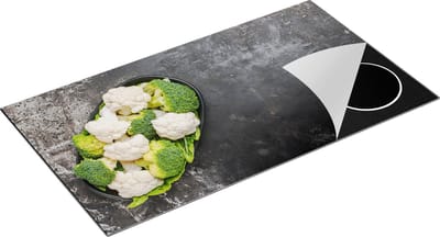 Chefcare Inductie Beschermer Bloemkool met Brocolli op Zwarte Marmer - 95x50 cm - Afdekplaat Inductie - Kookplaat Beschermer - Inductie Mat
