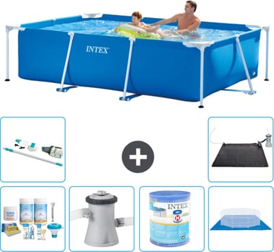 Intex Rechthoekig Frame Zwembad - 260 x 160 x 65 cm - Blauw - Inclusief Onderhoudspakket - Zwembadfilterpomp - Filter - Grondzeil - Stofzuiger - Solar Mat - 7-delig