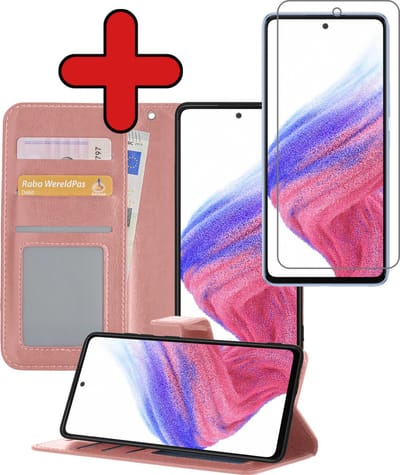 Hoesje - Met Screenprotector - Geschikt voor Samsung Galaxy A53 - Luxe Pasjeshouder - Flipcase - Bookcase Portemonee - Flip Case - Kunstleer Book Case - Book Cover - Walletcase - Portemonneehoes - Telefoonhoes - Rosé goud