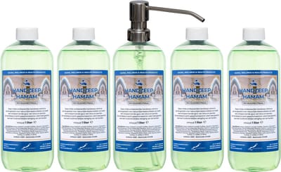 Handzeep Hamam 1 liter - set van 5 stuks - met gratis RVS zilverkleurige pomp - Voordeelverpakking