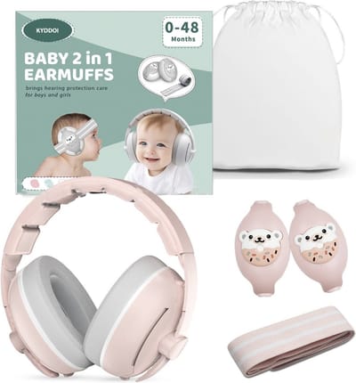 KYDDOI 2-in-1 Baby Gehoorbescherming - baby Gehoorbeschermers - Gehoorbeschermer kinderen - Geschikt voor Baby en Peuter vanaf 3 maanden - Oorbeschermers kinderen - Oorkappen baby - 25dB NNR - Roze