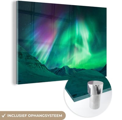 MuchoWow® Glasschilderij 60x40 cm - Schilderij acrylglas - Noorderlicht - Alaska - Berg - Foto op glas - Schilderijen