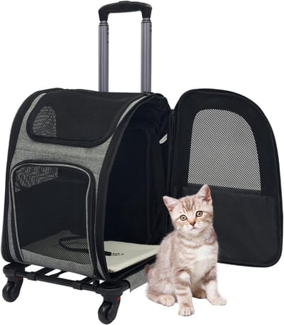 Transportbox Huisdier - Reisbuggy Kat - Veilig Vervoer - 360° Draaibare Wielen - 34x28x43 cm - Grijs
