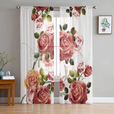 Rose Bloemen Retro Pure Gordijnen voor Woonkamer Transparante Tule Raambehandelingen Slaapkamer Keuken Home Decor Sluier Gordijnen 135W x 114H(cm)