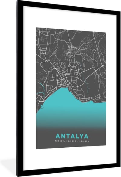 Fotolijst incl. Poster - Antalya - Stadskaart - Plattegrond - Kaart - Blauw - 60x90 cm - Posterlijst