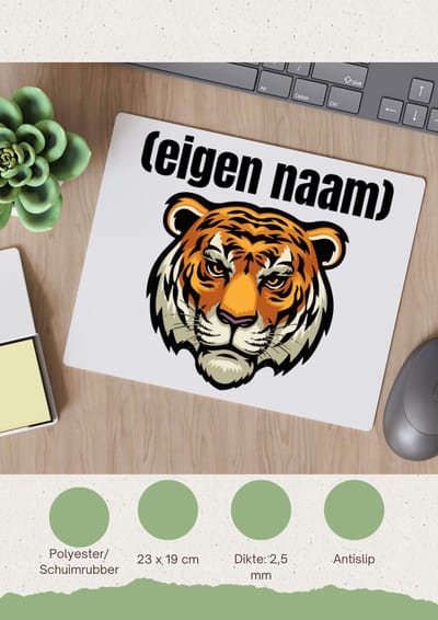 Akyol - tijgerkop met eigen naam Muismat - Tijger - dieren liefhebber - iemand die houdt van tijgers - verjaardag - cadeau - kado - geschenk - 23 bij 19 cm