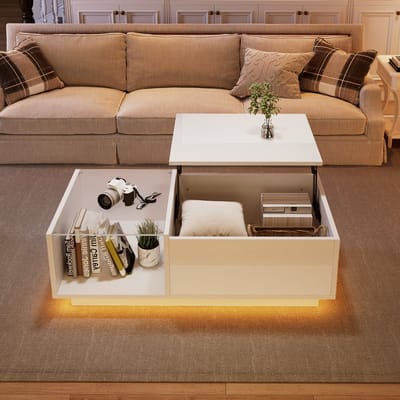 LED Salontafel - Hoogglans Tafel - Lift Top-Woonkamertafel – Verstelbaar –App Controle – Opbergvak - Gasveer - Woonkamer - 100x50cm- 1 Stuk-Zwart/Wit