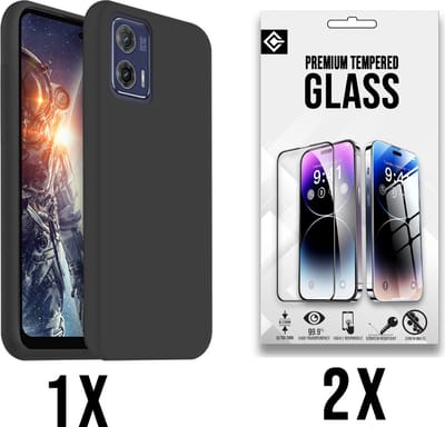 Casemania Hoesje Geschikt voor Motorola Moto G73 Zwart & 2X Glazen Screenprotector - Siliconen Back Cover