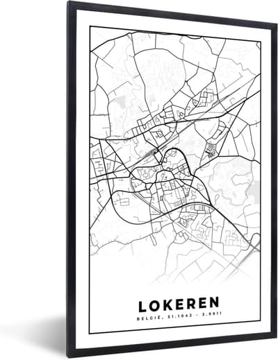 Fotolijst incl. Poster Zwart Wit- België – Lokeren – Stadskaart – Kaart – Zwart Wit – Plattegrond - 40x60 cm - Posterlijst