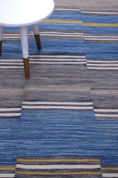 Blauw Tapijt Laagpolig Handgeweven Wollen Vloerkleed - Koho Afghan Modern Kelim 225x170 - 225x170cm- Modern - Woonkamer - Salon - Slaapkamer - Eetkamer