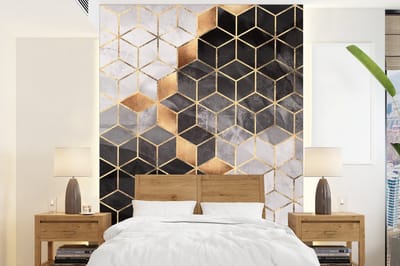 Behang - Fotobehang Abstract - Kubus - Goud - Patronen - Zwart - Wit - Breedte 160 cm x hoogte 220 cm