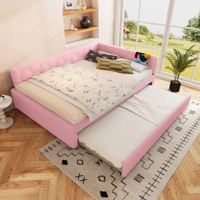 REDOM Luxe Twijfelaar Slaapbank (140x200) - Roze Fluweel met Uitschuifbed & USB/Type-C - Modern Geometrisch Design