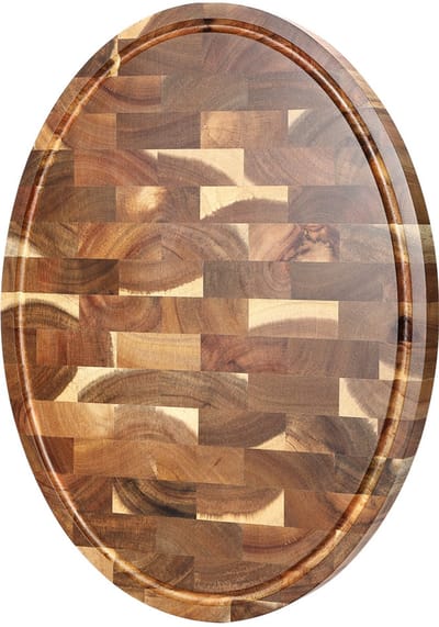 Snijplank ovaal van Acaciahout (kopshout) met anti-slip voetjes, handgrepen en sapgeul | 43 cm x 32 cm x 2.6 cm | Zware kwalitatieve snijplank | Serveerplank | Borrelplank - Tapasplank